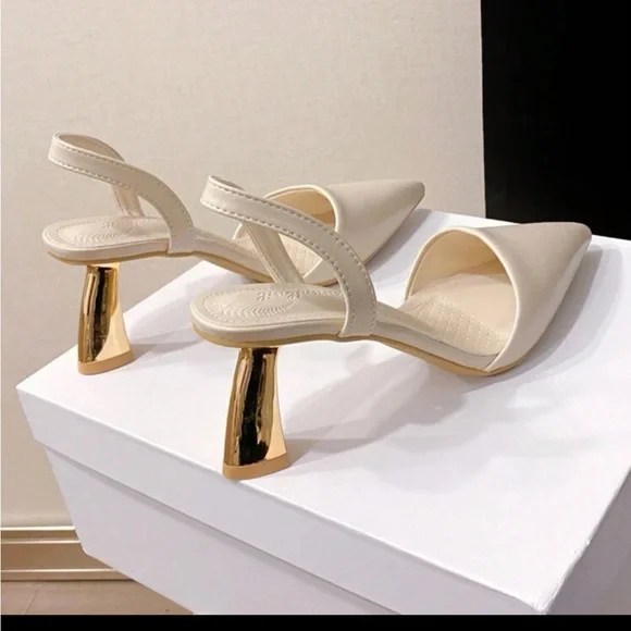 Ivory gold heel High Heeled Sandals, Pointed Toe slingback pumps - Picture 3 of 6